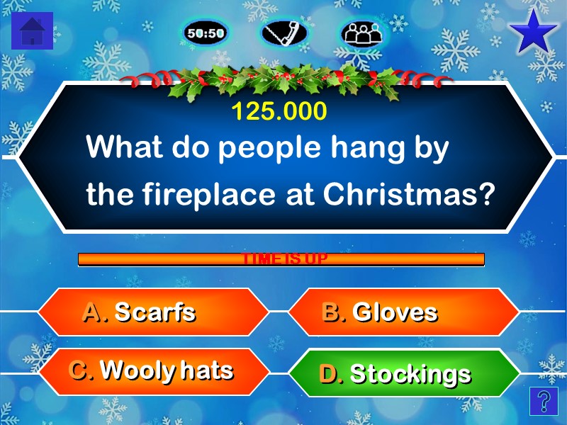 What do people hang by  the fireplace at Christmas? B. Gloves A. Scarfs